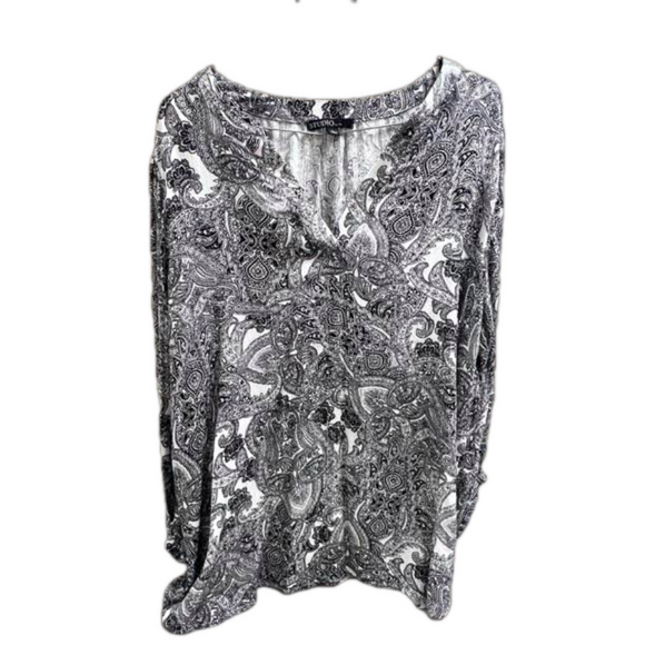 Studio Tops - Studio Floral Paisley Long Sleeve Blouse Shirt Size L Black White Women